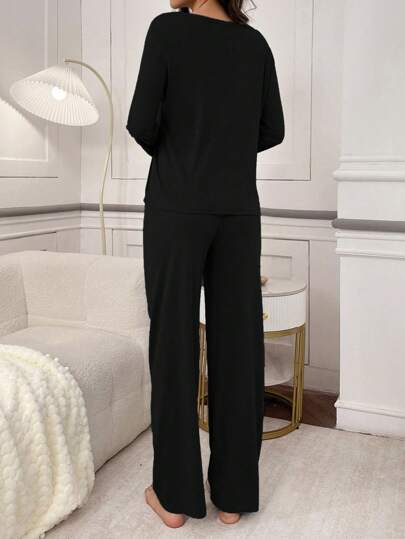 Minimalist Heart Print Long Sleeve Pants Pajama Set, Fall Clothes Cozy Elegante view 2