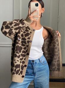 DAZY Leopard Printed & Embroidery Letter Design Women Cardigan Cheetah Print,Fall Clothes - Brown - View 7