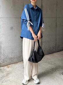 FRIFUL Women Solid Color Patchwork Front Button Long Sleeve Casual Blouse