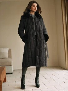 Anewsta Thick Long Puffy Collar Horizontal Seam Women's Coat