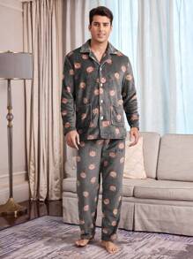 CoupledUp Conjunto de pijama para hombre de manga larga con estampado de oso y pantalones, con cuello abierto y de felpa