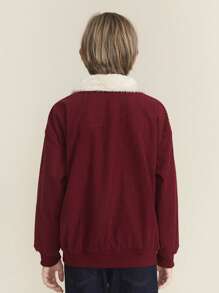SHEIN Tween Boy Deep Red Colorblock Zipper Front Shirt Collar Long Sleeve Letter Graphic Corduroy Jacket, Autumn/Winter