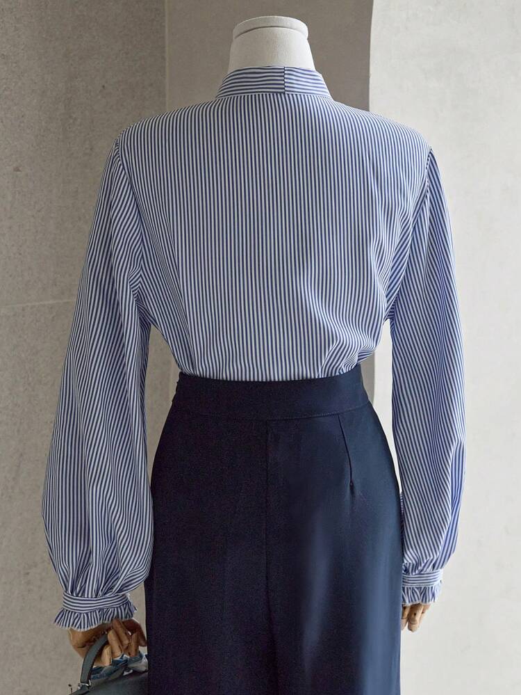 Striped Ruffle Lantern Sleeve Splice Detail Long Sleeve Women Blouse,Fall Clothes