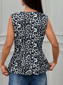 SHEIN EZwear Leopard Print Woven Ladies' Round Neck Single Button Vest Jacket - Grey - View 2