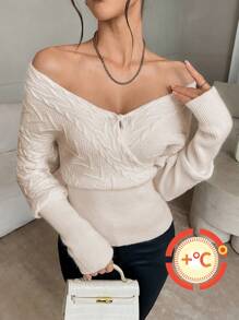 SHEIN Privé Women Apricot Color Cable Knit V-Neck Long Sleeve Sweater Top - Apricot - View 1