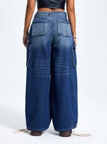 SHEIN ICON Jeans cargo informales amplios desgastados para mujer - Azul lavado oscuro - Ver 2
