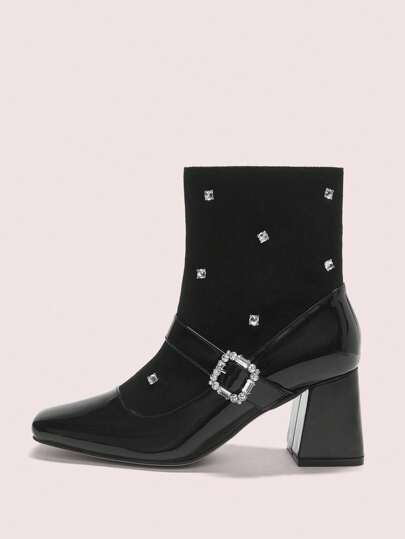 CUCCOO DOLLMOD 女士时尚舒适黑色绒面拼接皮革带水钻扣装饰方头粗跟侧拉链靴新年假期