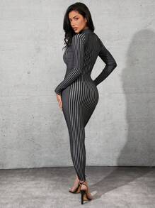 Denimoi Contrast Rib Knit Mock Neck Bodycon Midi Dress - Multicolor - View 4