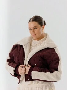 Aralina Curve Women Shearling Collar Plus Size Quilted Padded Jacket - Burgundy - View 4