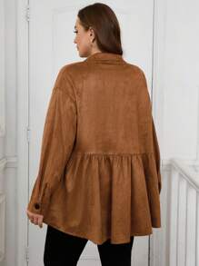 SHEIN LUNE Plus Size Front Button Long Sleeve Pocket Casual Coat Holiday Thermal Vacations Winter Clothes For Women New Year - Brown - View 2