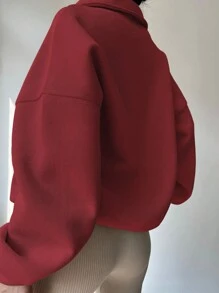INAWLY 女士休闲宽松落肩纯色卫衣，秋冬套头衫 - 酒紅色 - 查看 2