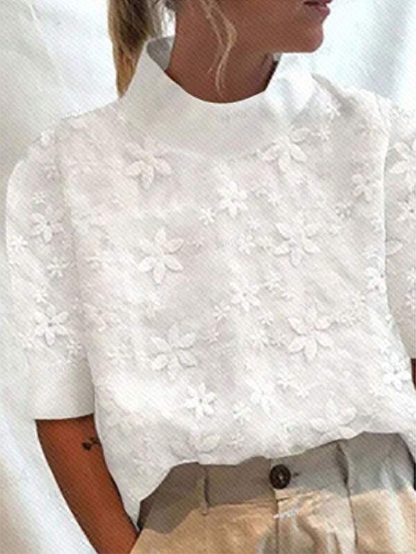 EMERY ROSE Women's Summer Floral Printed Stand Collar Short Sleeve Loose Casual Shirt,Short Sleeve Tops