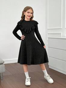 SHEIN Tween Girls Knit Ribbed Stand Collar Ruffle Hem Fitted Casual Long Sleeve Dress - Black - View 5