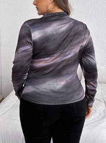 SHEIN Privé 大码女式大理石印花不对称褶皱长袖 T 恤，适合通勤和约会，秋冬季 - 彩色 - 查看 2