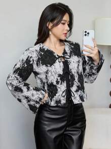 Modelyn 1 件女式水彩印花抽绳长袖常规夹克 - 黑色 - 查看 6