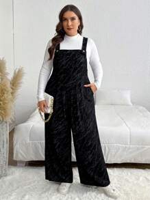 SHEIN Privé Plus Size Casual Collegiate Tie-Dye Ombre Textured Fabric Suspender Pants With Pleated Waist, Pockets And Wide Legs, Retro Collegiate Style - Black and White - View 5