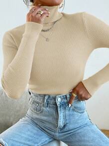 Mulvari Solid Color High Neck Slim Fit Casual Pullover Sweater Knit Pullover Fall Winter - Apricot - View 3