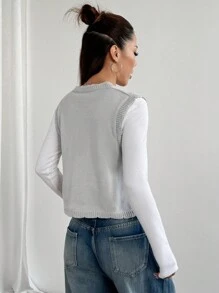 SHEIN Unity Women's Sleeveless Button Front Simple Sweet Casual Versatile Embroidered Vest - Light Grey - View 2