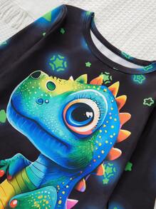 SHEIN 男童紧身 2 件套恐龙夜光图案印花长袖上衣和裤子睡衣 - 黑色 - 查看 5