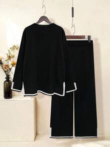 SHEIN CURVE+ Conjunto de suéter de punto con dobladillo asimétrico y bloques de color + pantalones sueltos con abertura en el dobladillo para mujer de talla grande, conjunto informal de otoño/invierno, set de dos piezas de suéter y pantalones de invierno