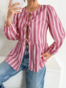 INAWLY Blusa con cuello redondo, manga de farol y lazo decorativo, estilo rayado, linda blusa para mujer - Rosa - Ver 4