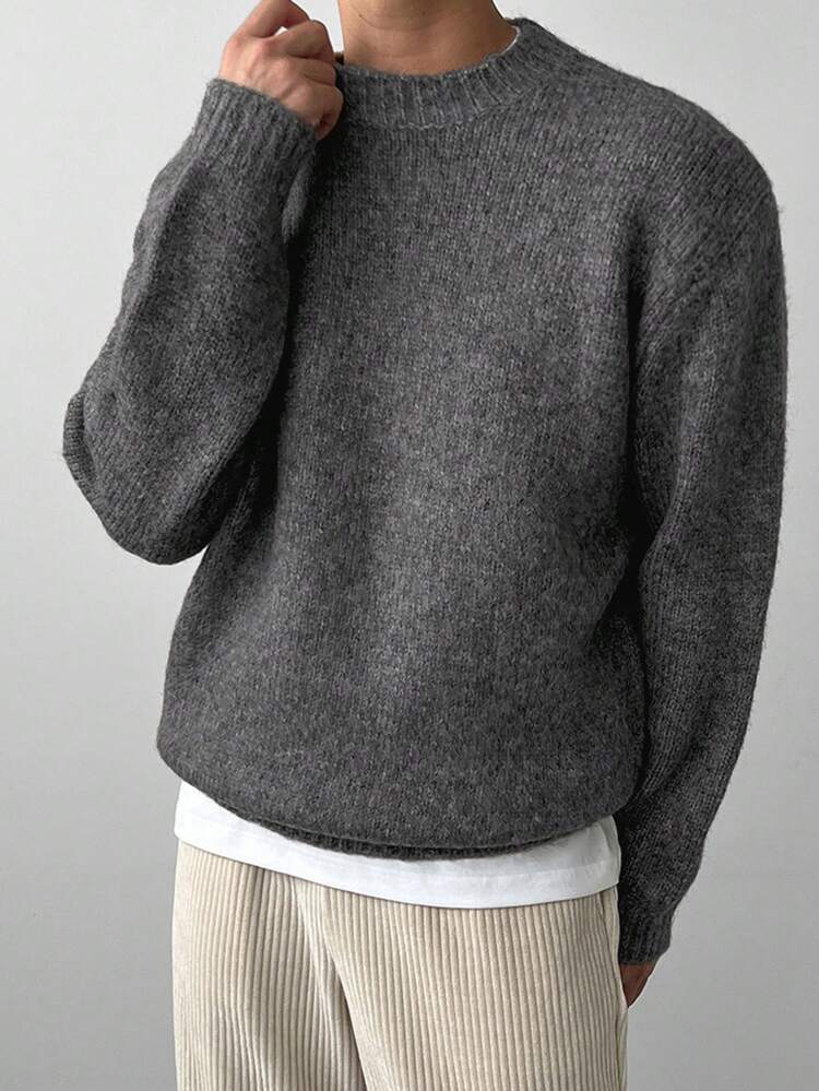Men Solid Color Knitted Sweater, Casual And Fashionable For Daily Wear In Autumn
