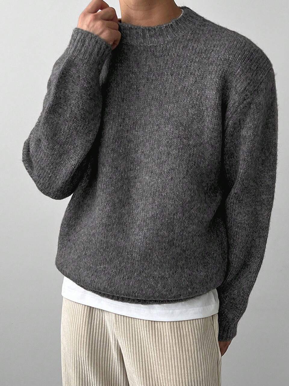 Men Solid Color Knitted Sweater, Casual And Fashionable For Daily Wear In Autumn