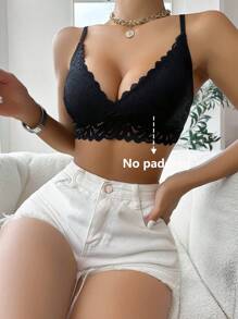 Floral Lace Scallop Trim Bralet - Black - View 6