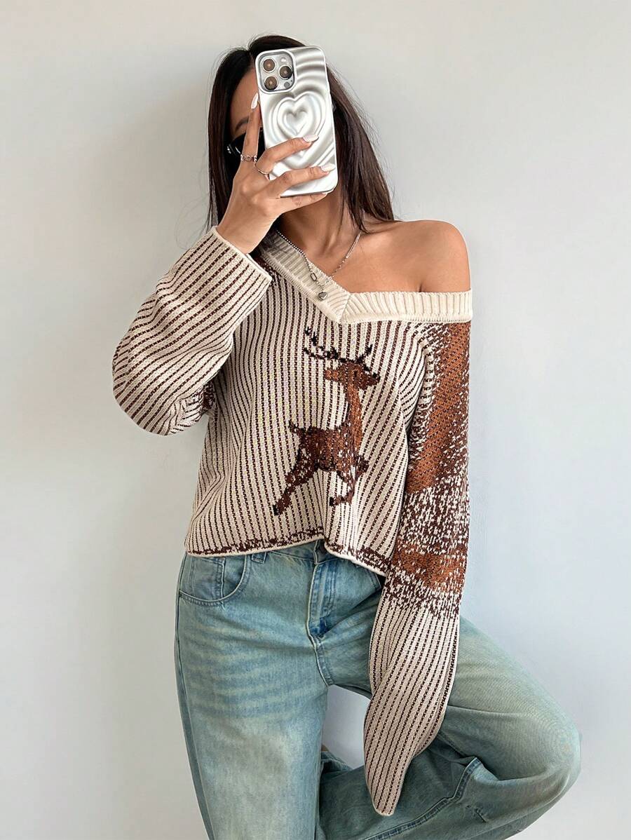 Flirla 女士秋季可爱麋鹿图案提花V领休闲针织套头衫 - 彩色 - 查看 1