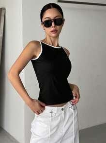 DAZY 女式条纹短款圆领修身背心，春夏 - 黑色 - 查看 7