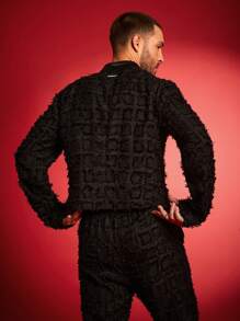 FeverCity 男士前扣长袖简约休闲西装外套，适合秋冬 - 黑色 - 查看 4