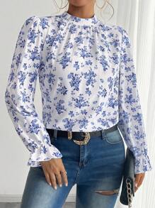 Chiquease Áo cánh dài tay thanh lịch họa tiết hoa xanh kiểu Pháp dành cho nữ, mùa thu - Xanh và trắng - Xem 6