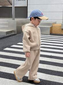 SHEIN Little Byeori 2 Pieces Young Boys Outfits,Winter,Career Day,Back-To-School Thick Cardigan Sweater Coat And Pants Suit,Soft Leisure College Fashion School Boy Set - Khaki - View 7