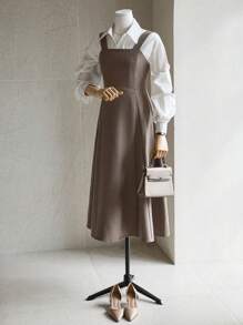 DAZY 女士纯色方领无袖中长连衣裙，秋季服装 - 棕色 - 查看 4