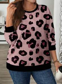 SHEIN LUNE Áo nỉ chui đầu cổ tròn tay dài họa tiết da báo cỡ lớn cho nữ mùa thu/đông - Hồng - Xem 2