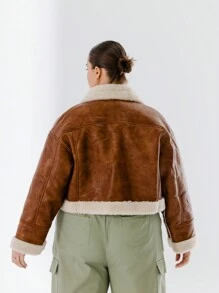 Aralina Chaqueta de aviador vintage con forma curva de piel artificial marrón forrada de borreguillo - Gris - Ver 2