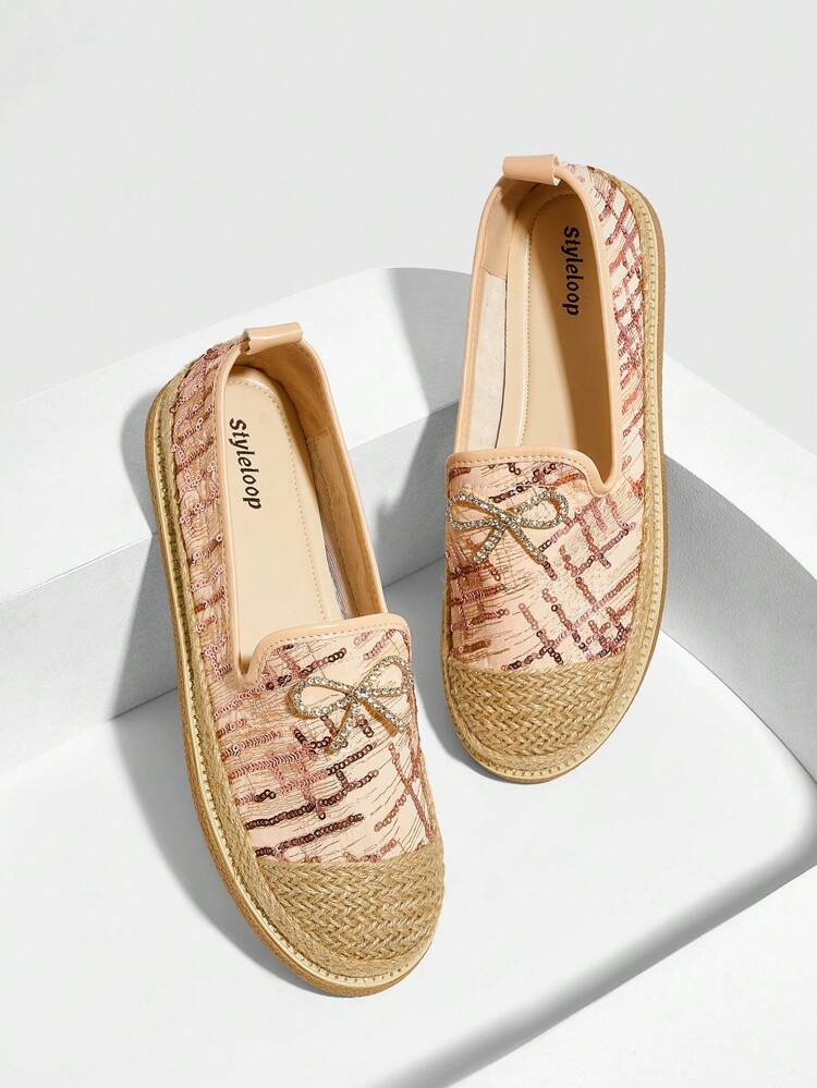 Women's Bohemian Style Woven Rhinestone Letter Pattern Flat Shoes For Christmas And New Year Holiday Vibe Fall And Winter