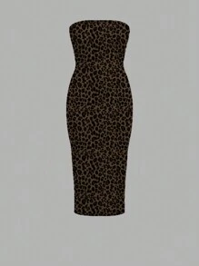 SHEIN SXY 豹纹露肩紧身长款休闲连衣裙，适合夏季 - 白色 - 查看 6