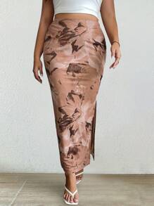 Celure Plus Size Full Print Simple Skirt For Daily Leisure - Apricot - View 5