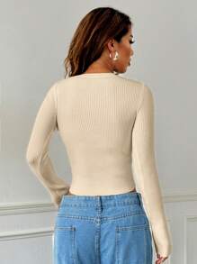 SHEIN EZwear Women's Solid Color Round Neck Button-Up Long Sleeve Casual Knit Cardigan, Autumn/Winter - Apricot - View 2