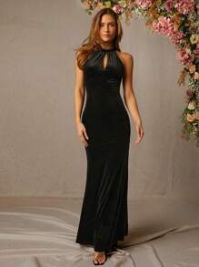 L'Amorae 女士黑色天鹅绒露背圣诞礼服 - 黑色 - 查看 1