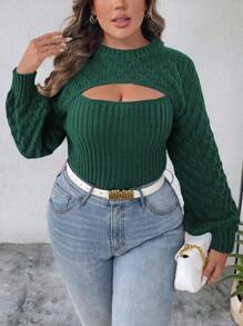 Elenzga Suéter de mujer de talla grande con manga farol, corte con abertura frontal, punto calado y nervado, para invierno