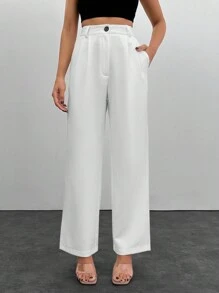 EURMUSE Women's Solid Color Suit Pants With Buttons, Pockets, And Zipper - White - View 1