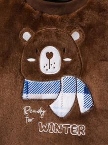 SHEIN Playful Pals 2 件装小男孩可爱熊图案羊毛长袖上衣和裤子睡衣套装，深灰色