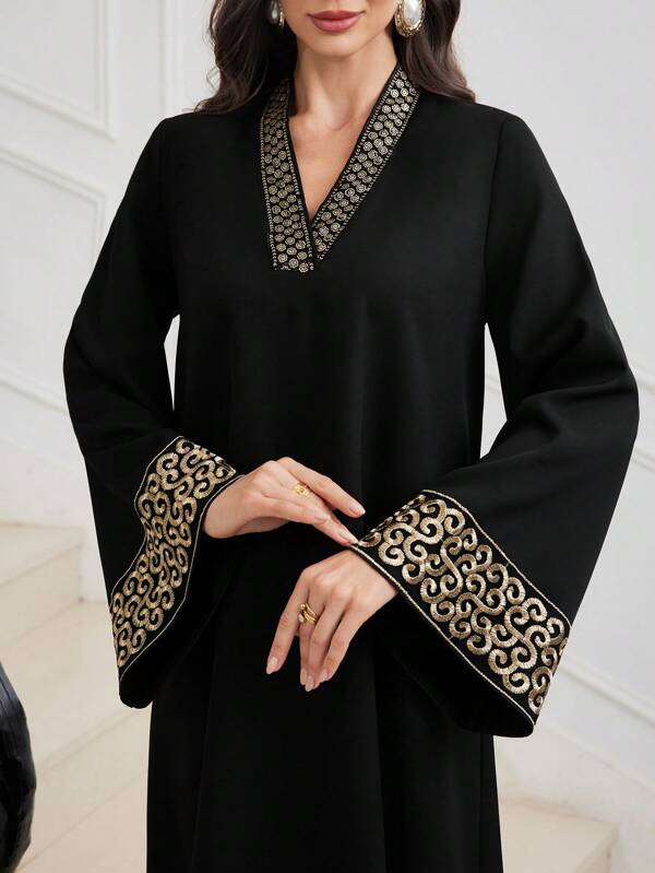 Al Najma Vestido turco y árabe con cuello en V, cintura definida y falda acampanada, con detalles bordados y parches. Vestido árabe modesto y elegante de manga larga, tipo abaya, kaftan y jalabiya, para fiestas de noche, bodas o aniversarios.