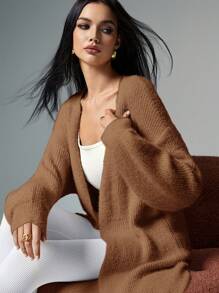 Poéselle 女士纯色休闲长袖针织开衫 - 棕色 - 查看 2