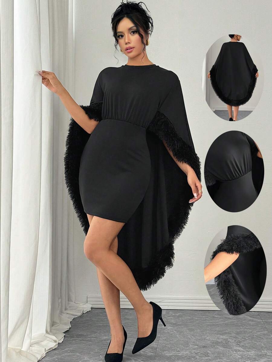 Chiquease Vestido de cóctel elegante y entallado para mujer para fiestas, banquetes y uso diario - Vestido mini con escote redondo, capa y parches de pelo para el otoño/invierno