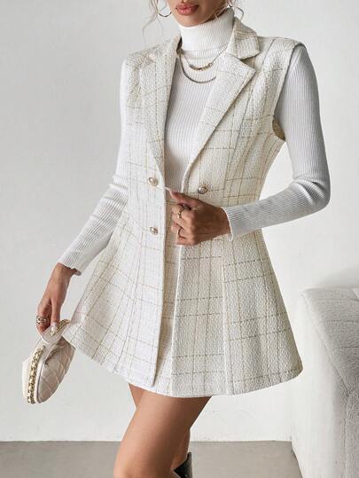 SHEIN Clasi Conjunto feminino de 2 peças: colete de tecido tweed + minissaia evasê, roupa elegante para deslocamento diário