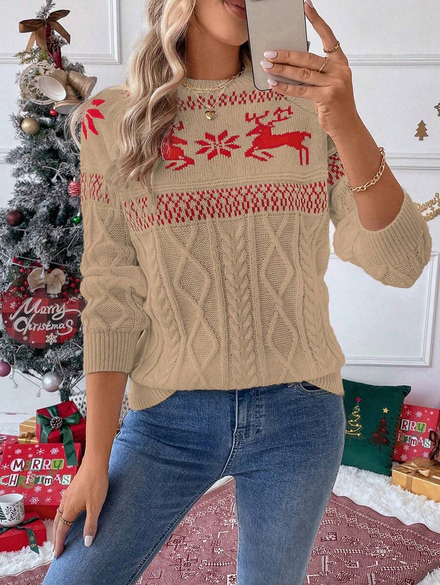 SHEIN LUNE Áo len chui đầu kiểu Âu Mỹ, chất liệu mềm mại, dệt kim 3D họa tiết tuần lộc, phối màu, thích hợp cho mùa thu/đông. - Màu Khaki - Xem 1