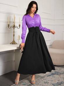 Modelyn Women's Colorblock Collar Pleated Elegant Long Sleeve Dress Long Evening Dresses